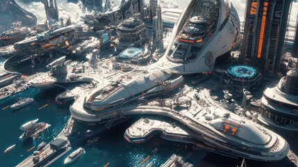 Futuristic City With Large Spaceships