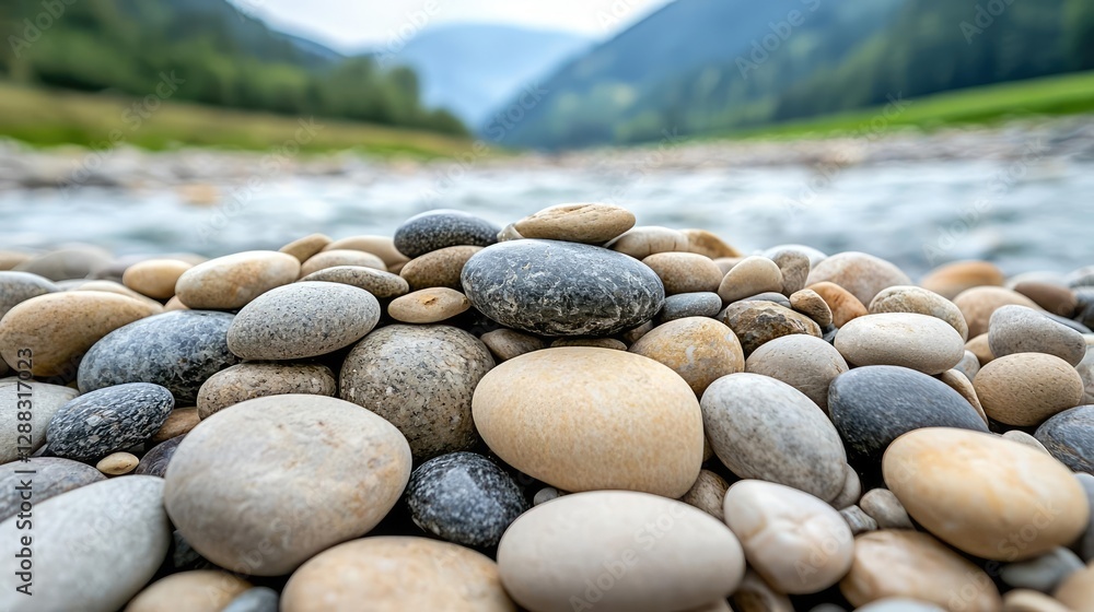 Aufkleber weathering process concept. close-up of smooth river stones with a scenic background in soft focus.