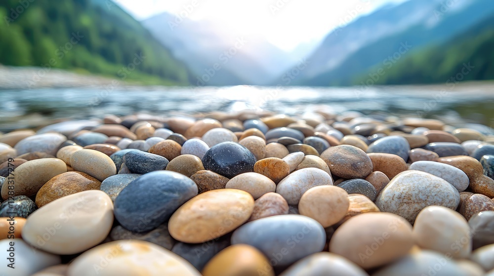 Poster weathering process concept. close-up view of colorful pebbles by a serene river in a mountainous lan