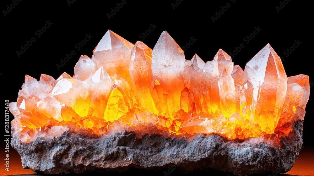 Poster weathering process concept. radiant orange crystal cluster shining with brilliant light and intricat