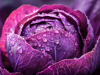 Obraz premium Close-up of a purple cabbage with water droplets