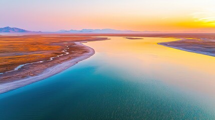 Fototapeta premium Weathering process idea. A stunning aerial view of a river at sunset, showcasing vibrant colors and natural beauty.