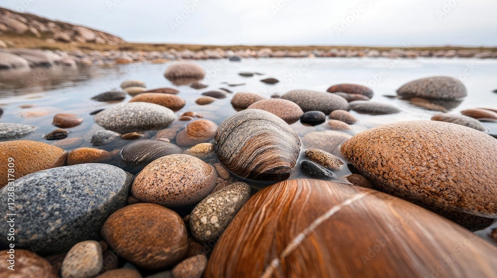 Aufkleber Weathering process concept. Close-up of smooth pebbles and shells on a tranquil shoreline at low tide.