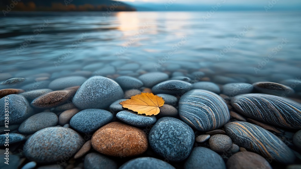 Aufkleber Weathering process concept. A serene view of pebbles and a leaf floating on calm water, evoking tranquility.