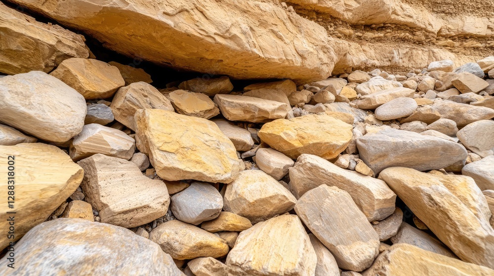 Poster Weathering process concept. A close-up view of various stones and rocks on natural terrain, showcasing texture and color.