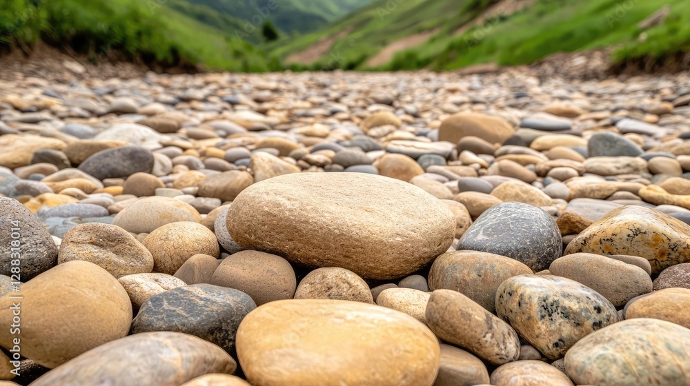 Poster weathering process concept. a serene view of pebbles scattered along a riverbed, surrounded by vibra