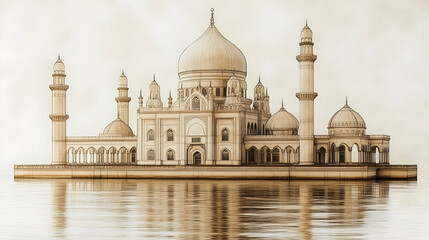 Mosque on Island, Artistic View, Calm Water