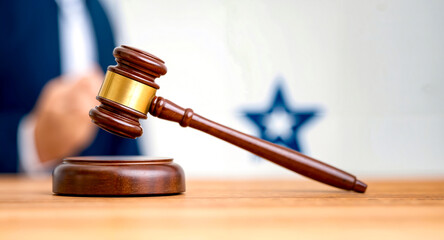 A judge's gavel on a table with a star of david in the background