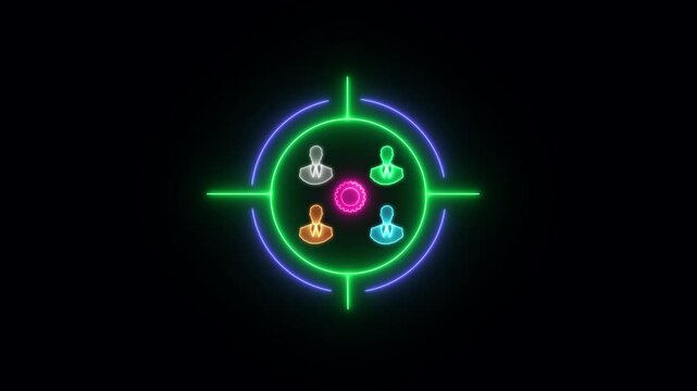 Outline neon human target icon. Glowing neon aim scope frame with user person sign, employer find and headhunter pictogram. Glowing bright icon transparent symbol