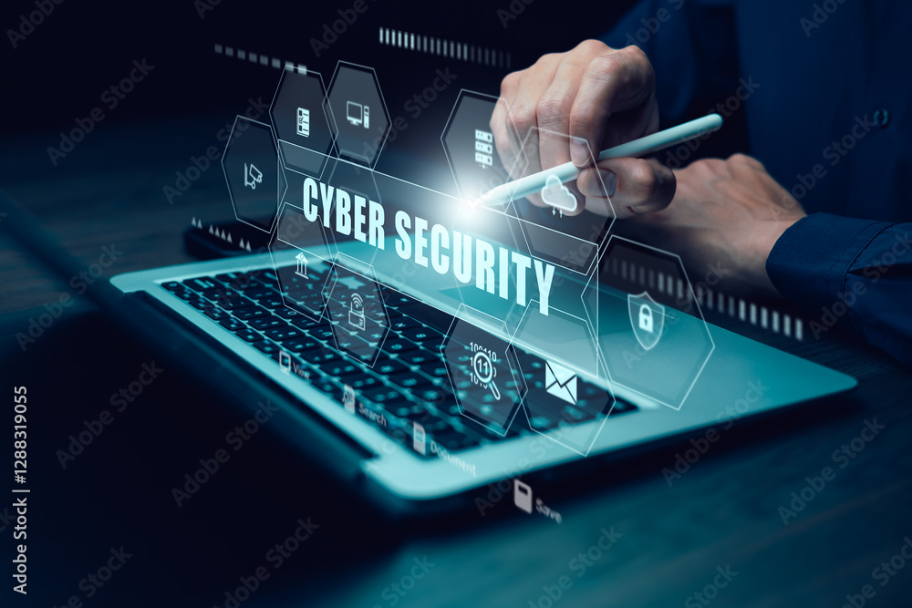 Poster cyber security and security password login online concept hands typing and entering username and pas