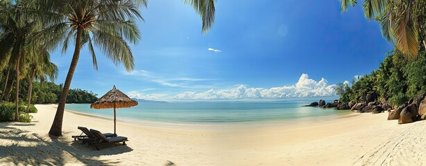 A beautiful tropical beach with palm trees and two sun loungers under an umbrella