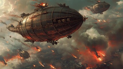 Obraz premium Steampunk airships flying over a burning cityscape with tall industrial structures. Explosions, fire, and smoke create a dramatic setting in this fantasy steampunk environment. Generative AI