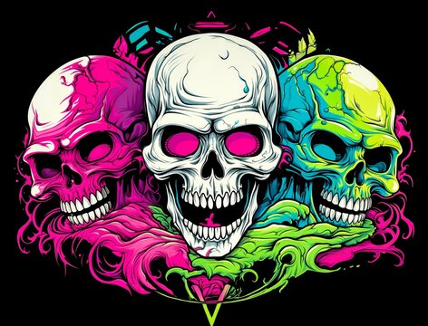 Three skulls with colorful paint splatters on a black background