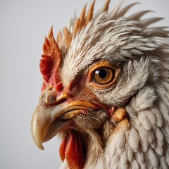 A close-up portrait of a chicken’s face, showing its detailed eyes, beak, and comb on a clean white background.