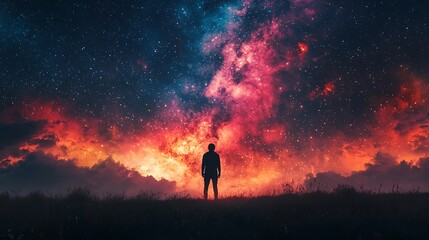 Fototapeta premium Person contemplating starry night sky, surreal landscape. Possible use Inspirational, wallpaper