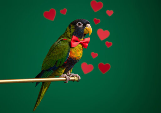 Cute caique parrot with red bow tie on perch