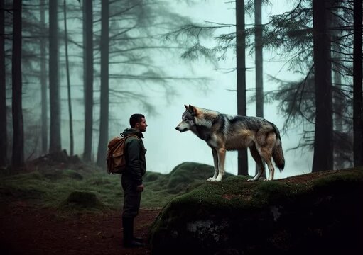 A Serene Moment in a Misty Forest: A Man and Wolf Encounter Amid Dense Greenery and Foggy Atmospheric Conditions