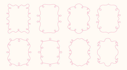 Collection of eight elegant hand-drawn decorative frames with a delicate pink outline. Each frame features a unique wavy, curly, or looped border design, perfect for invitations, greeting cards