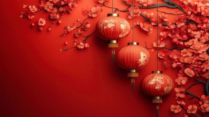 Festive Lanterns and Blossoms: Celebrate the spirit of a cultural festival with vibrant red lanterns and blossoming flowers, creating a captivating display of heritage and celebration.
