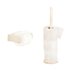 Toilet paper in holder and toilet rolls on wooden stand. Watercolor digital illustration. House cleaning tools isolated on white background. For interior design theme, toilet, bathroom