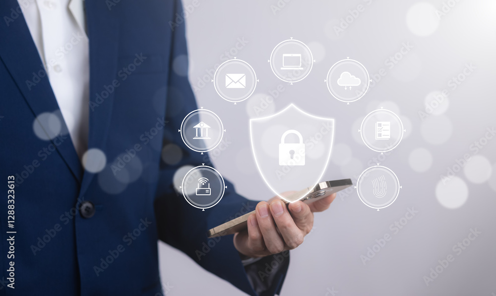 Poster cyber security and security password login online concept hands typing and entering username and pas