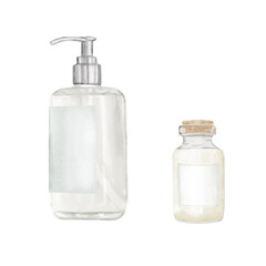 Transparent glass bottle with pump and jar with wooden lid. Watercolor digital illustration. Bottle with dispenser and label isolated on white background. For shampoo, sanitizer or liquid soap.