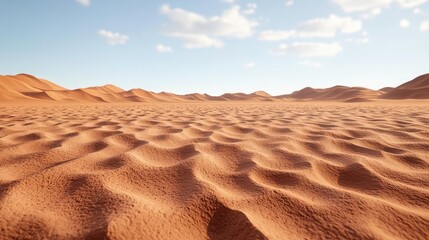 Weathering process idea. Vast desert landscape with rippled sandy terrain under a bright blue sky.
