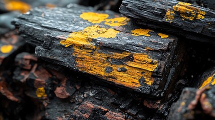 Pile of charred wood with yellow paint. Close up. Potential use for industrial, nature, or design