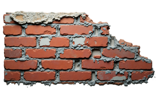 Decayed red brick wall with cracked plaster texture isolated on transparent background. Ideal for grunge designs, vintage backgrounds, and architectural renders. - Powered by Adobe