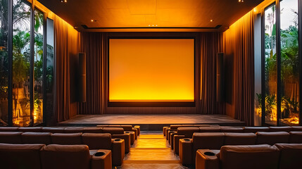 Photo Home Theater Interior Design Empty Seats Stage Screen Curtains Recliners