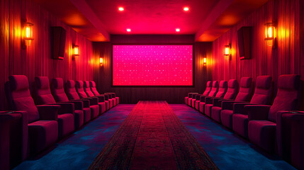 3D Illustration- Home Theater, Seats, Screen, Carpet, Lighting, Entertainment, Interior Design, Luxury, Comfort, Relaxation
