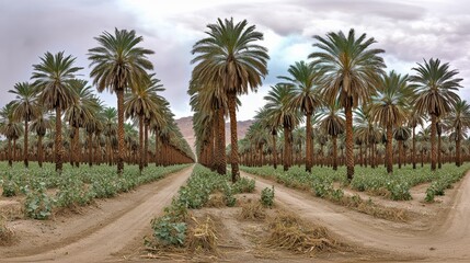 Obraz premium Harvesting dates in palm oasis desert landscape aerial view serene environment nature's bounty