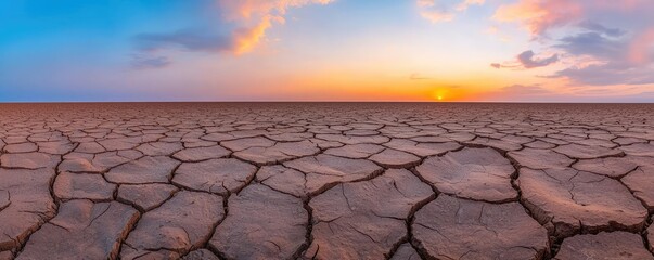 Weathering process idea. Stunning dry landscape at sunset, showcasing cracked earth and colorful sky.