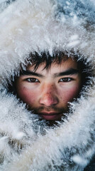 A young Inuit hunter wrapped in thick fur-lined clothing