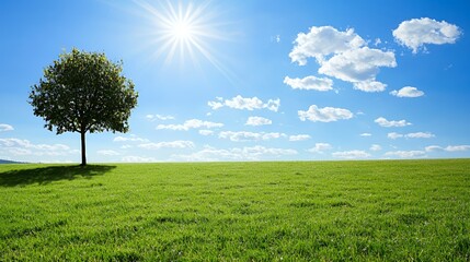 Obraz premium Single Tree on a Green Field under a Sunny Sky