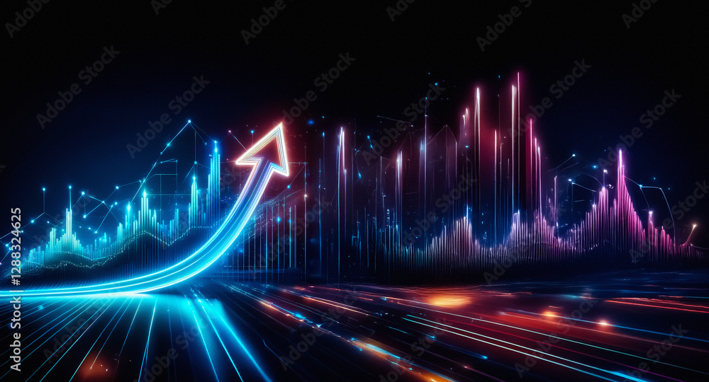 Aufkleber Abstract digital chart with neon lines and upward arrow indicating growth. Vibrant and futuristic against a dark backdrop.