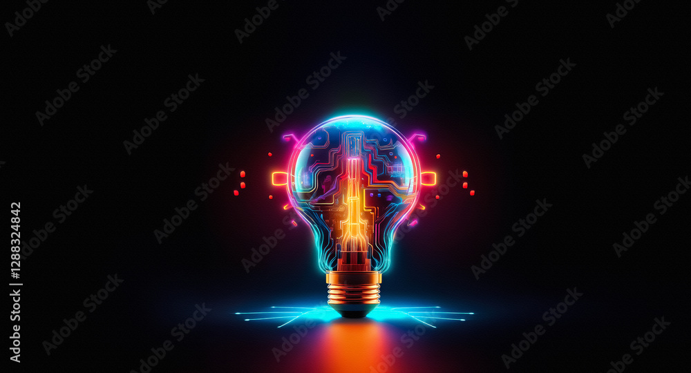 Poster a glowing light bulb with a brain inside, illuminated in vibrant neon colors against a dark backgrou