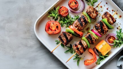 Grilled kabobs delight backyard barbecue food photography summer vibes aerial view culinary inspiration