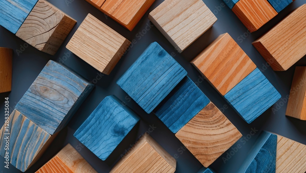 Poster aerial view of colorful wooden blocks arranged in various geometric patterns on a flat surface