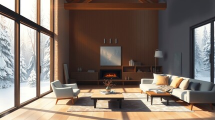 foggy atmosphere. Cozy Scandinavian interior, large windows revealing snowy forest