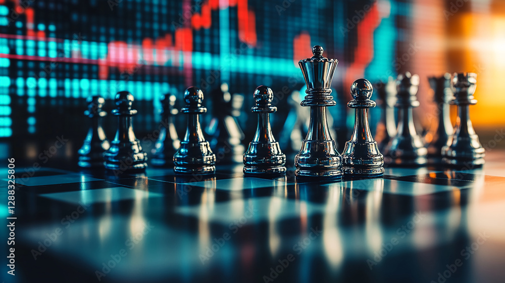 Aufkleber close-up of black chess pieces on a chessboard with a dynamic financial stock market graph in the ba