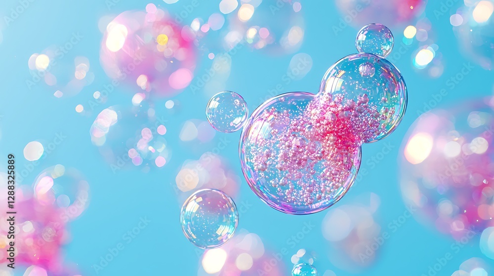 Aufkleber pink and clear bubbles float on blue; light bokeh background; abstract; design