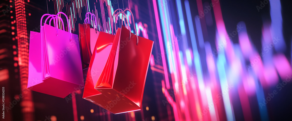 Aufkleber shopping bags in pink and red colors floating against a glowing background of financial data trends 