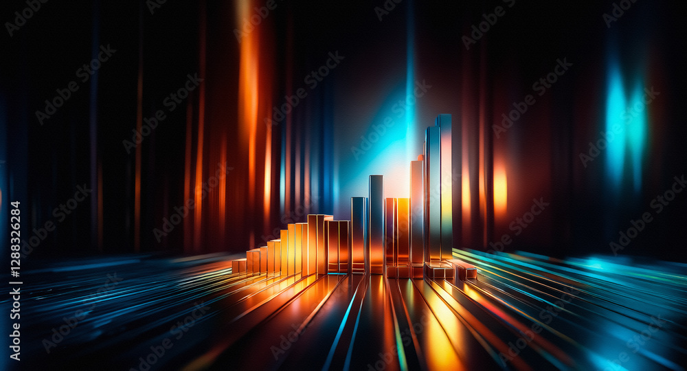 Poster abstract metallic bars form a rising graph illuminated by vibrant orange and blue light against a da