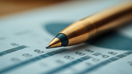 Close-up of gold pen resting on financial report.