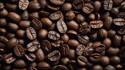 Close-up of various roasted coffee beans showcasing rich, dark brown hues and unique shapes