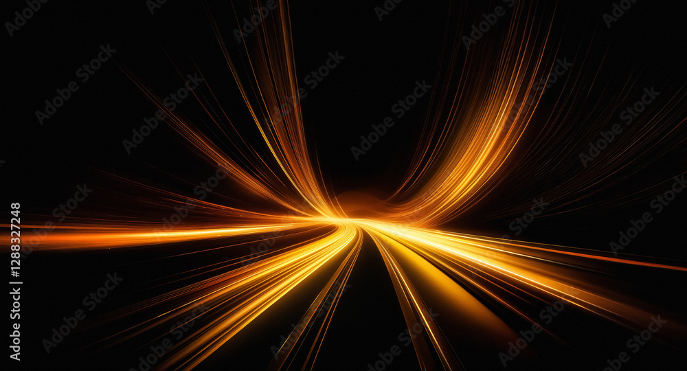 Poster Dynamic streaks of radiant orange and yellow light rush from a central point on a dark backdrop, creating an abstract display of speed and motion.