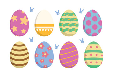 Easter eggs with different textures on a white background. Spring holiday. Vector Illustration isolated. Happy easter eggs.