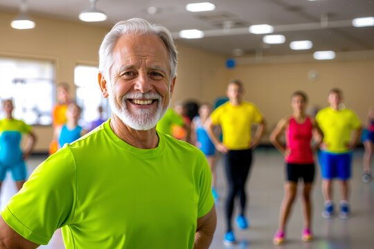 A man in a green shirt smiles at the camera while a group of people in a gym