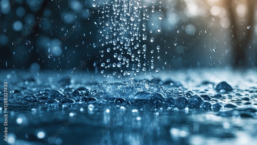 Poster close-up of water droplets falling onto a smooth surface, creating splashes and ripples under soft, 